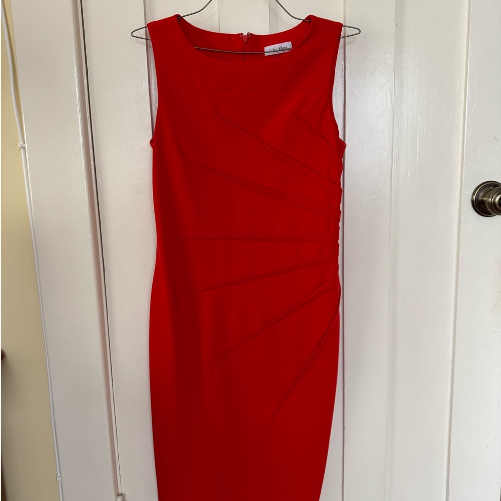 Calvin Klein Red Sleeveless Ribbed Sheath Dress Knee-Length Cocktail